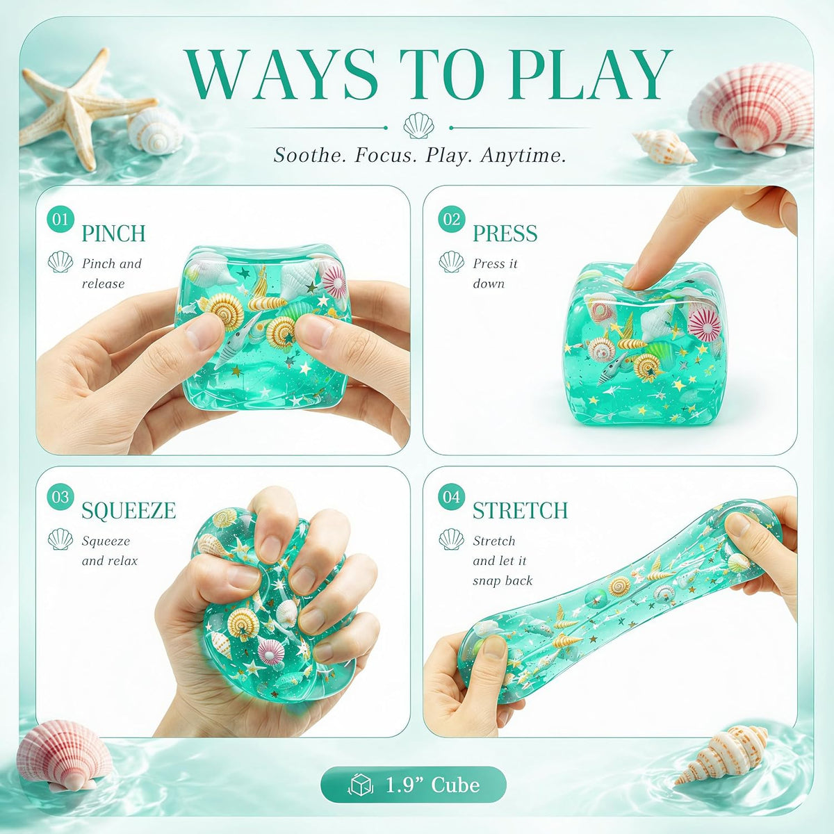 Ocean-Inspired Squishy Fidget Cube with Seashell Accents – Cute Squeeze Toy & Gift