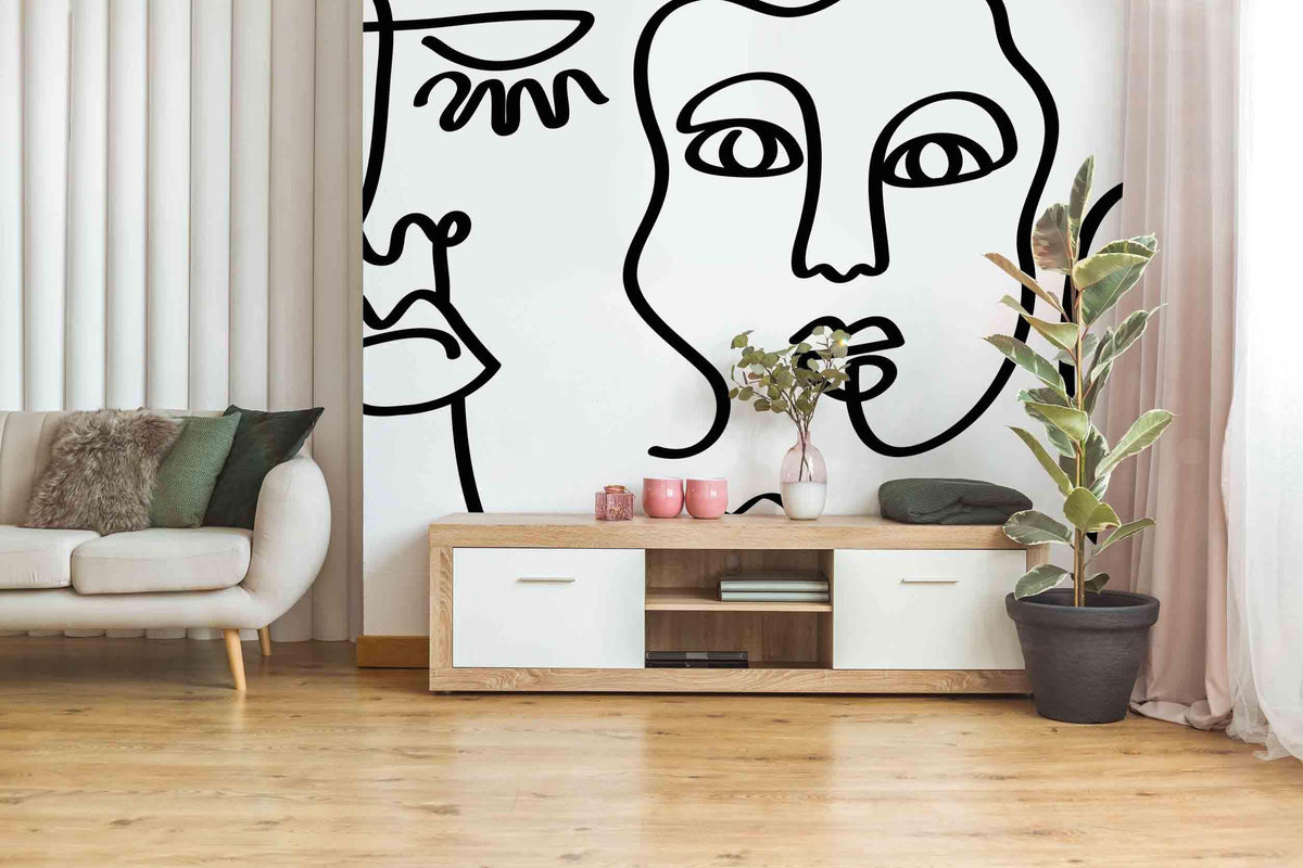 Bold Black Abstract Line Faces Wall Mural