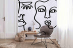Bold Black Abstract Line Faces Wall Mural