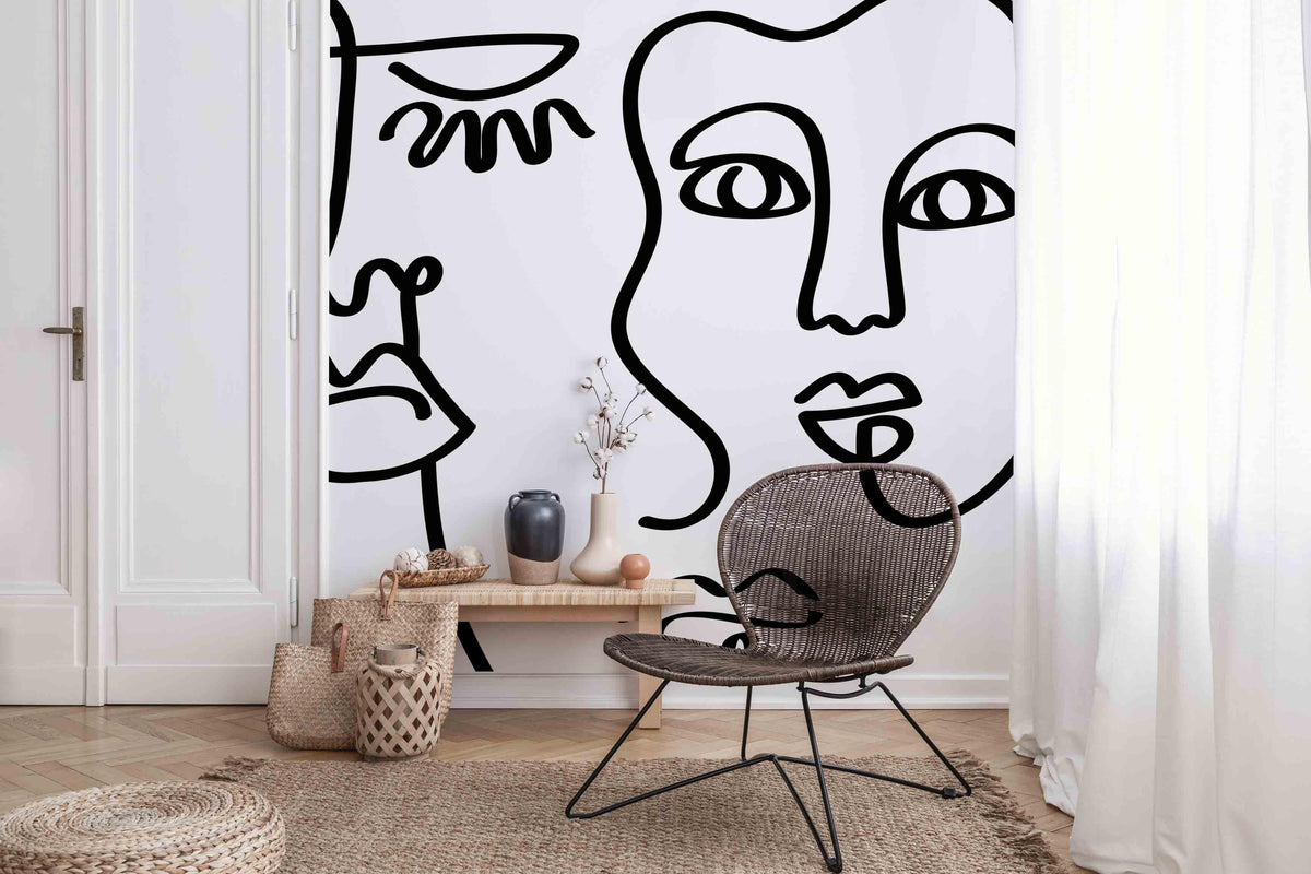 Bold Black Abstract Line Faces Wall Mural
