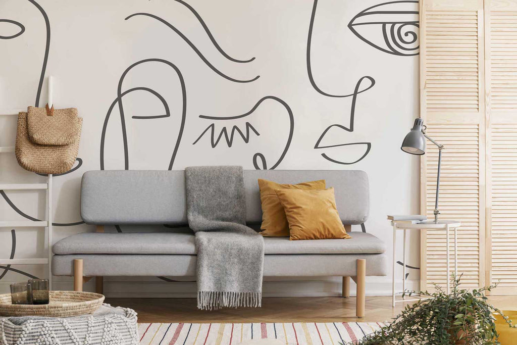 Grey Abstract Line Faces Wall Mural