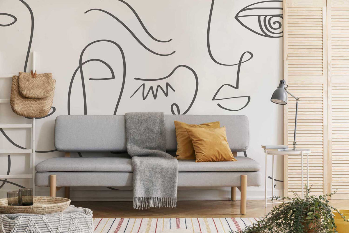 Grey Abstract Line Faces Wall Mural