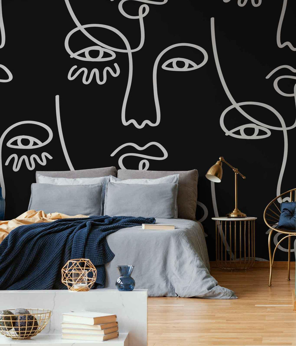 Large Black Abstract Line Faces Wall Mural