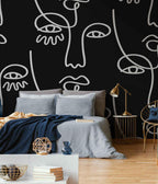 Large Black Abstract Line Faces Wall Mural