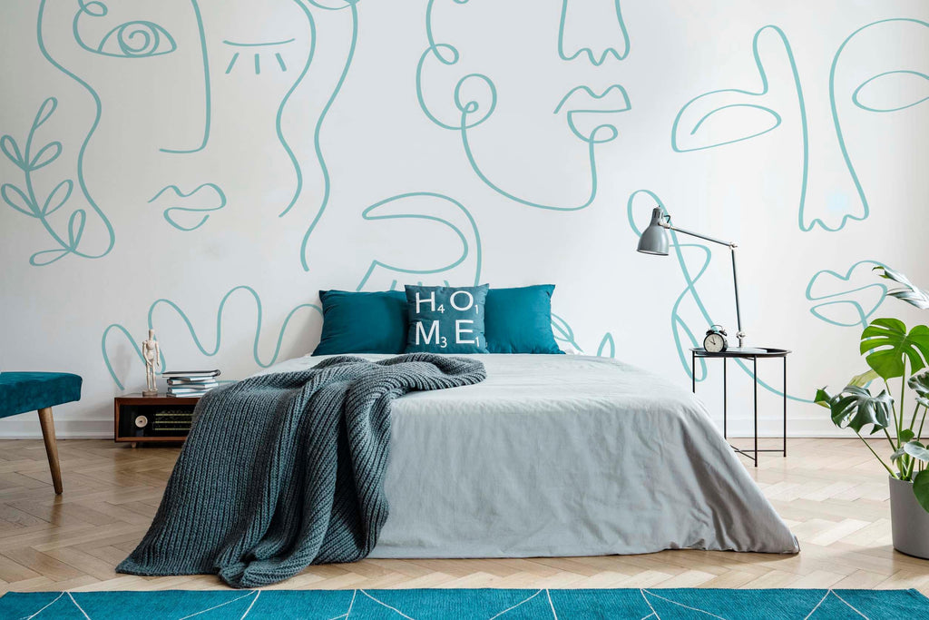 Pale Blue Minimal Abstract Faces Wall Mural
