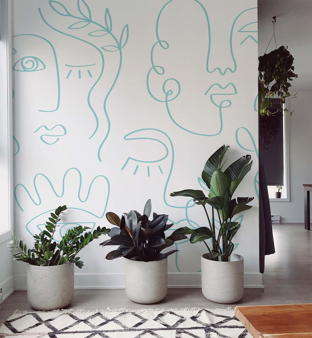 Pale Blue Minimal Abstract Faces Wall Mural