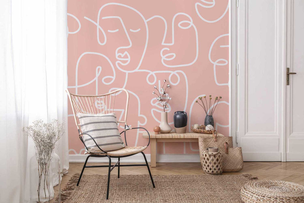 Pink Abstract Line Faces Wall Mural