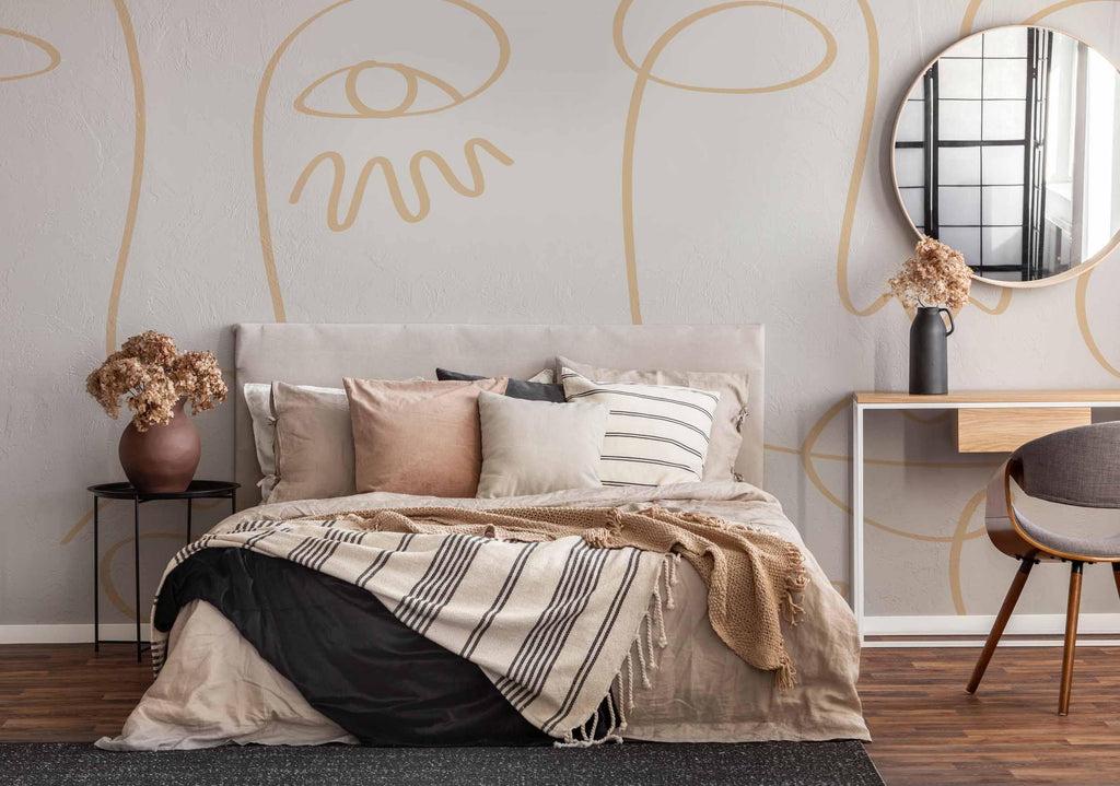 White Gold Minimal Abstract Faces Wall Mural